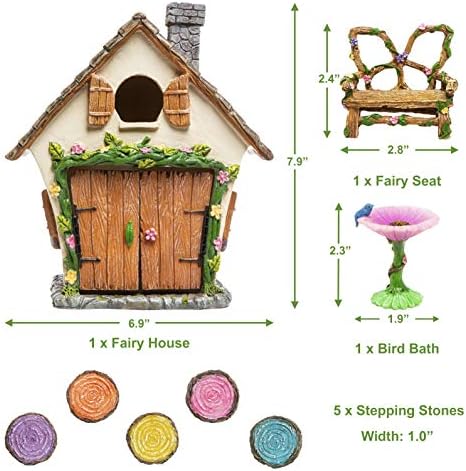 Meadow & Oak Fairy Garden House Kit - Complete with Fairy Garden Accessories, Butterly Seat, Bird Bath, Stepping Stones, Magnetic Door Closure for Indoor/Outdoor Fairy House