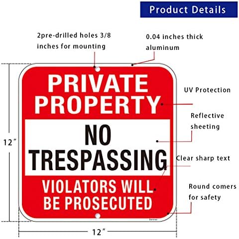 Large (4 Pack) Private Property No Trespassing Sign, 12x12 Inches Metal Heavy Duty Reflective Aluminum, Violators Will Be Prosecuted, Outdoor Weatherproof, Easy to Install