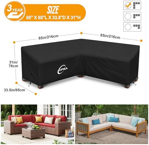 Kipiea Patio V-Shaped Sectional Sofa Cover, 420D Heavy-Duty Oxford Fabric Outdoor Sectional Cover with 6 Windproof Buckles, Anti UV and No Tears, No Fading (85"/85" L x 33.5" D x 31" H) Black