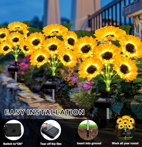 Solar Lights Outdoor Garden Decor,4 Pack with 24 Sunflower Lights,Solar Flowers Lights Waterproof,Birthday Gifts for Mom Women Grandma,Outside Decorative Stakes Light for Landscape Yard Patio Lawn
