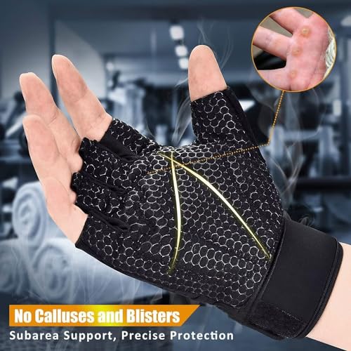 ihuan Breathable Weight Lifting Gloves: Fingerless Workout Gym Gloves Wrist Support Palm Protection Extra Grip for Fitness Rowing Pull-ups