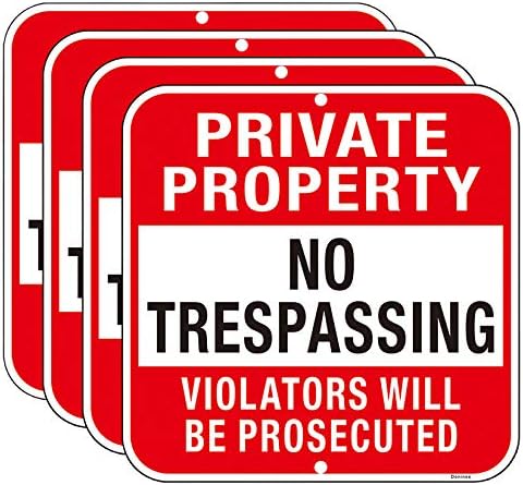Large (4 Pack) Private Property No Trespassing Sign, 12x12 Inches Metal Heavy Duty Reflective Aluminum, Violators Will Be Prosecuted, Outdoor Weatherproof, Easy to Install
