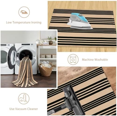 Black and Khaki Striped Rugs 3x5, Outdoor Cotton Hand Woven Front Door Mat,Washable Reversible Layered Door Mats, Foldable Front Porch Rug for Entryway/Home Entrance/Farmhouse