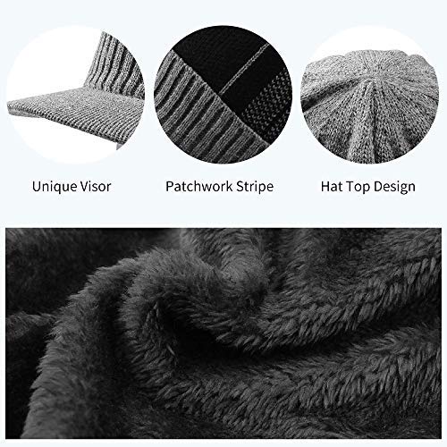 XIAOHAWANG 2-Pieces Winter Hat Scarf Set Knit Cable Visor Beanie Warm Scarves Fleece Lining Patchwork Stripe Newsboy Cap with Brim for Outdoor Sport(Grey)