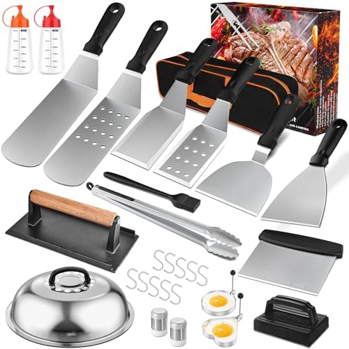 29PCS Griddle Accessories Kit,Flat Top Grill Accessories for Camp Chef Blackstone Griddle Accessories with Enlarged Spatulas,Tongs,Spice Shakers,Basting Cover,Scraper for Outdoor Barbecue