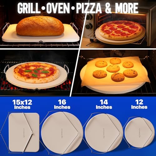 KitchenStar 16-inch Pizza Stone for Oven and BBQ Grill with Handles, Round, 5/8" Thick - Natural Cordierite, 1800 °F Resistant, Baking Stone Set with Stainless Steel Rack & Plastic Scraper Tool