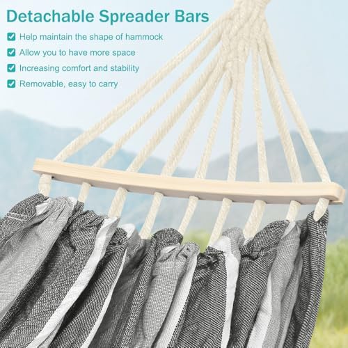 MOSFiATA Hammocks Portable Camping Hammock Upgraded 550lb Comfortable Fabric Hammock with Two Anti Roll Balance Beam and Sturdy Tree Straps for Camping, Patio, Backyard, Outdoor （Grey）