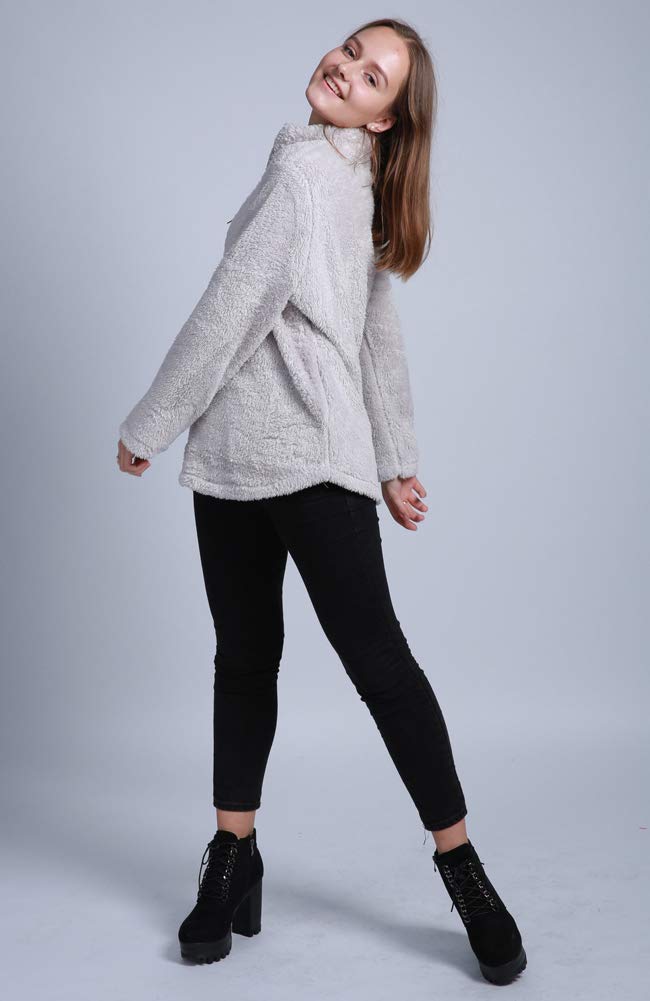 FOURSTEEDS Women's Fuzzy Fur Sherpa Lined Warm Winter Pullover Thermal Sweatshirt Tunic Tops Light Gray XS