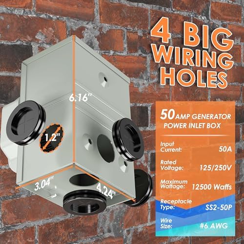 UL Listed 50 Amp 25FT Generator Cord and Power Inlet Box Combo Kit NEMA 14-50P Male to SS2-50R STW 6/3+8/1 AWG 125/250V Twist Locking with Inlet Box for Generator to House