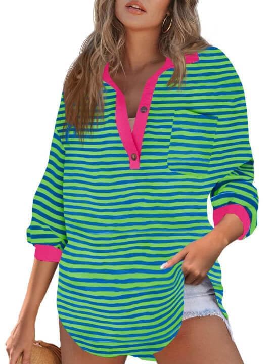 Tankaneo Womens Oversized Striped Sweatshirts Long Sleeve Color Block Casual Tunic Tops with Pockets Green Blue
