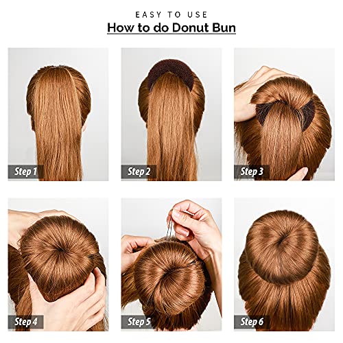 FANDAMEI Hair Donut Bun Makers Set - 4 Dark Brown & 4 Beige (2 Extra-Large, 2 Large, 2 Medium, 2 Small), 5 Elastic Bands, 20 Hair Pins