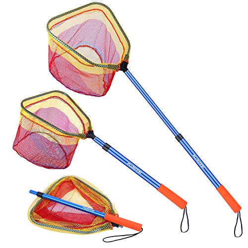 PLUSINNO Kids Fishing Net, Telescopic Lightweight Landing Net with Aluminum Pole Handle and Nylon Mesh, Catch and Release Butterfly Net for Kids Youth Outdoor (1 Pack-Blue)