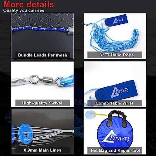 Drasry Saltwater American Fishing Cast Net 3/8inch Mesh Size for Bait Shrimp Trap Fish Heavy Duty Sinkers Throw Net 3FT to 12FT Radius 3FT Radius