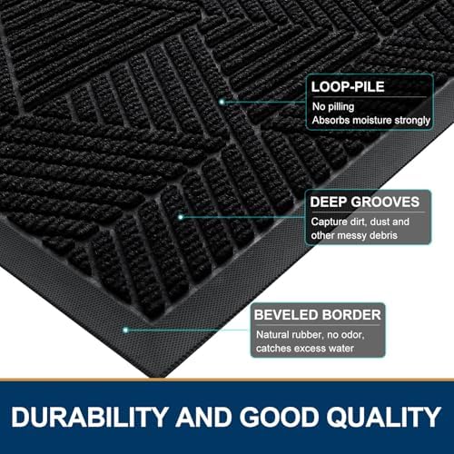 Smiry Front Door Mat Outside Entrance, Heavy Duty Sturdy Natural Rubber Doormat, Trap Dirt and Moisture, Easy Clean Low Profile Welcome Floor Mats for Indoor Outdoor Entry, 36x24 Inch, Black