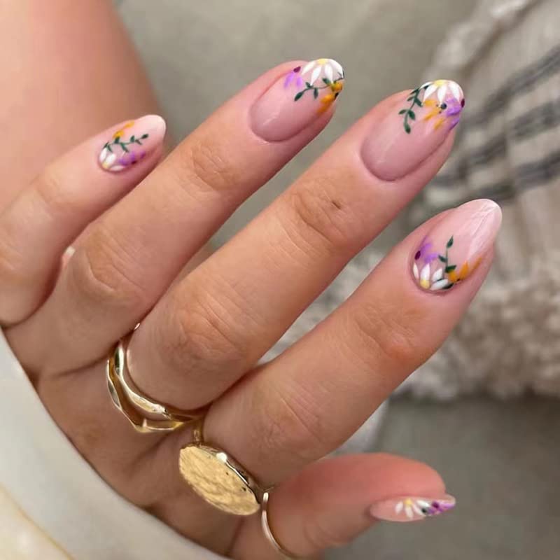 6 Packs (144 Pcs) Press on Nails Short - Jsiallye Flower Press on Nails Almond, Oval French Tip Press on Nails, Glue on Nails in 12 Sizes - 24 Fake Nails Kit, Stick on Nails for Women