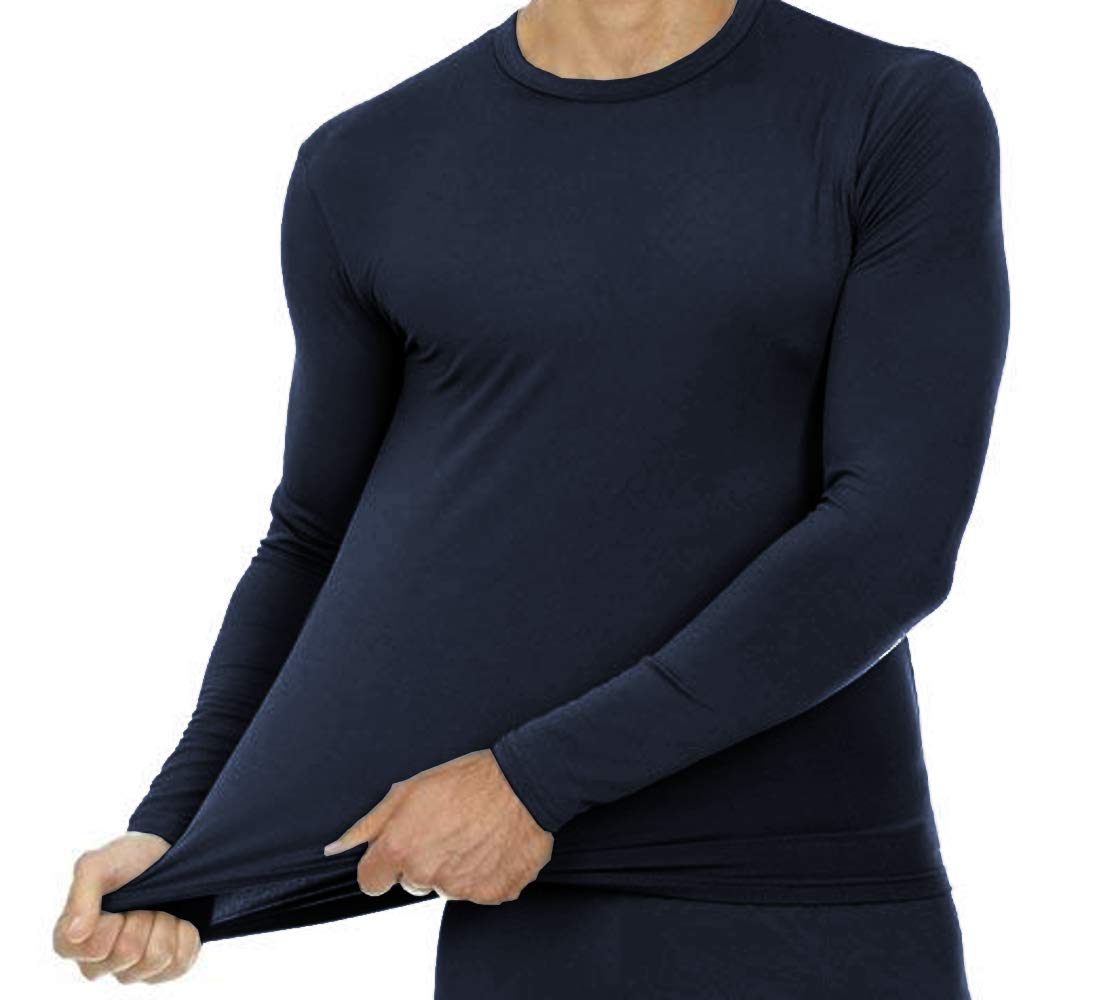 9M Mens Ultra Soft Thermal Shirt - Compression Baselayer Crew Neck Top - Fleece Lined Long Sleeve Underwear, Navy Blue, Large