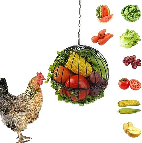 Hanging Chicken Feeder - 7.1 Inch Large Iron Chicken Veggie Treat Ball - Sturdy Chicken Treat Holder with 15.7 Inch Hanging Chain - Black
