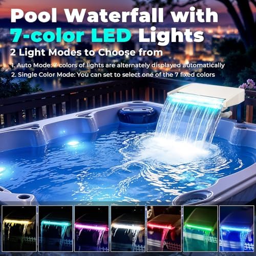 LED Pool Fountain Waterfall for Above Ground Pools, 7 Different Lighting Colors, Smooth Flowing Pool Waterfall Relaxing Cascade for Outdoor Decor, Adjustable Width Fits Various Frames