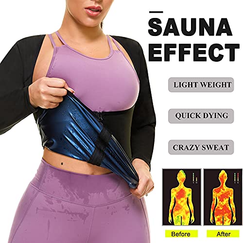 Sauna Suit for Women Sweat Body Shaper Jacket Hot Waist Trainer Long Sleeve Zipper Shirt Workout Top (Black, Small)