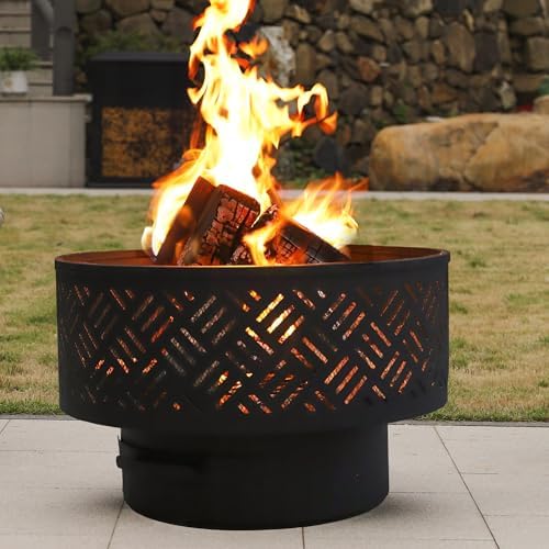 26" Wood Burning Fire Pits with Grill & Lid, Fire Pit Table for Outside with Waterproof Cover & Fire Poker, Outdoor Firepit with Functions for BBQ,Table and Bonfire