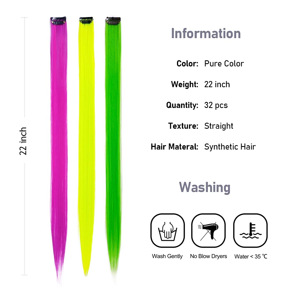KGBFASS 32Packs Colored Hair Extensions 20Inch Straight Color Clip in on Hair Extension Rainbow Party Highlights Synthetic Hairpiece for Girls (16 colors)