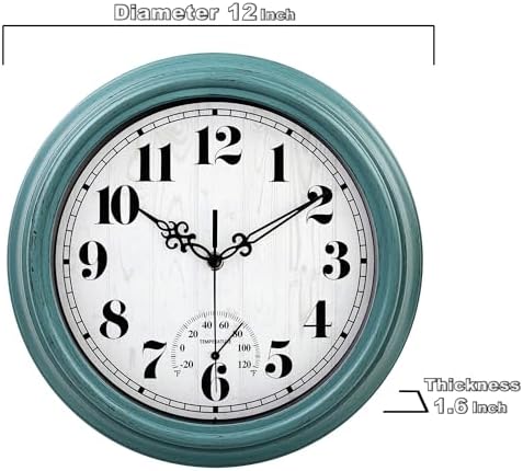 zyzamay 12 Inch Indoor Outdoor Clocks,Waterproof Wall Clock with Thermometer,Easy to Read,Non-Ticking Battery Operated Quality Quartz Clock, Decorative for Patio,Porch,Pool,Bathroom,Deck(Green)