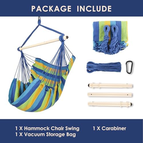 Highwild Hanging Rope Hammock Chair Swing Seat for Any Indoor or Outdoor Spaces - 500 lbs Weight Capacity (Blue Striped.)