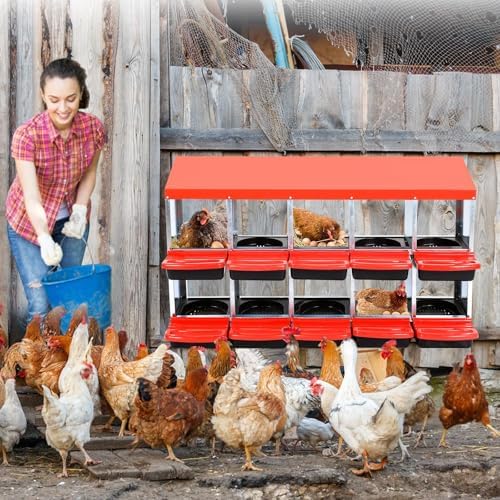 Chicken Nesting Box,10 Compartment Nesting Boxes for Laying Eggs,Wall Mount Poultry Roll Away Chicken Laying Boxes,Easy Egg Collection,Cleanable Pull Out Hen Roosting Boxes 10 Hole