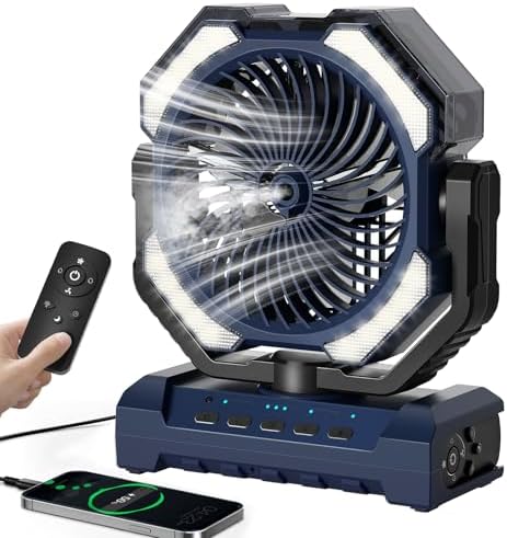 Misting Fan Portable, 20000mAh Rechargeable Battery Powered Camping Fan with Light, Personal USB Battery Operated with Hook & 250mL Water Tank for Outdoor, Tents, Beach, Travel.