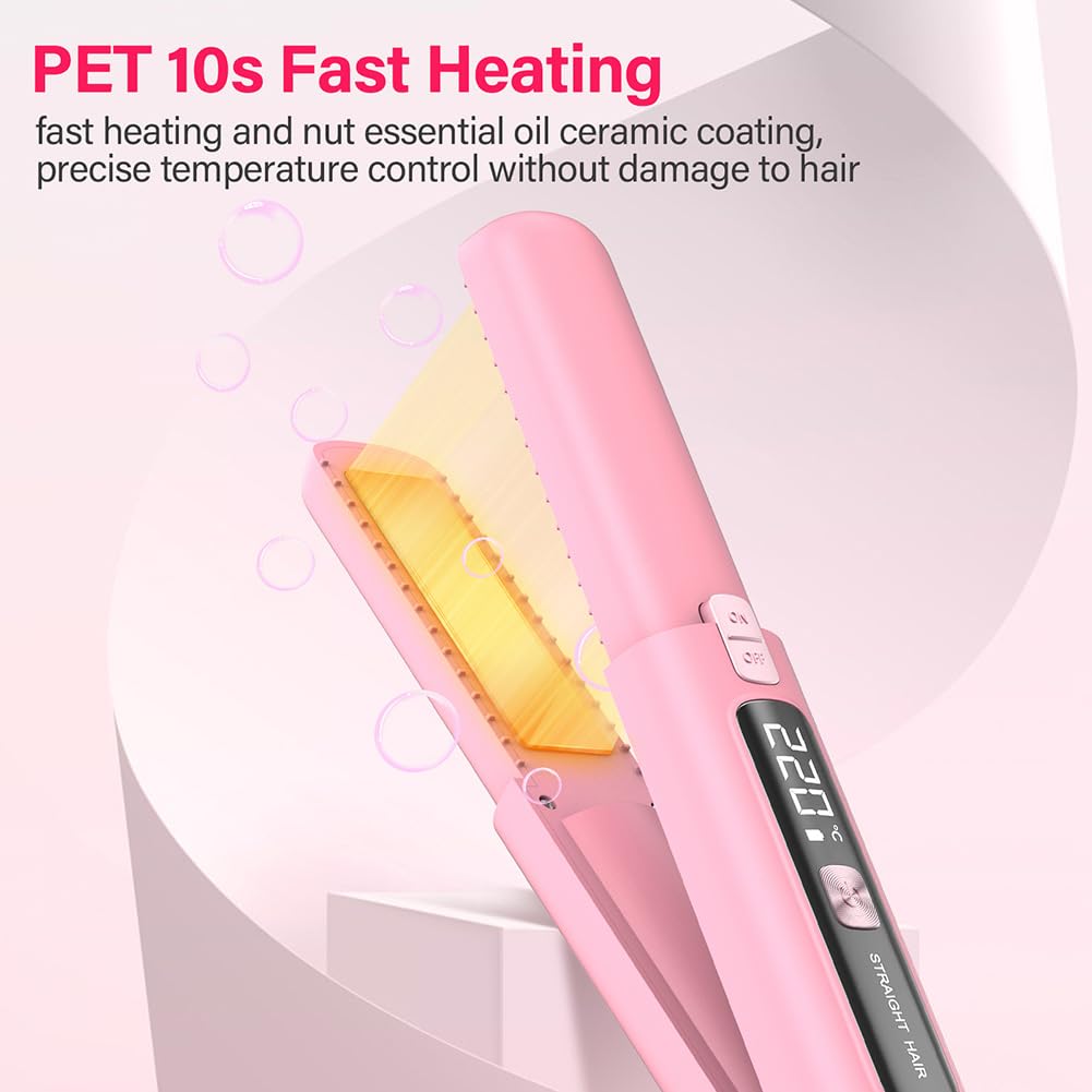 Cordless Hair Straightener and Curler 2 in 1 Mini Lightweight and Small USB Rechargeable with 4500mAh Battery 10s Fast Heating Portable Ceramic Flat Iron for Travel (Pink)