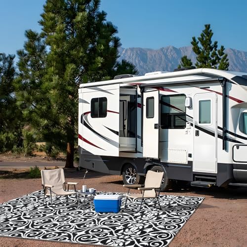 OLANLY Outdoor Rug Waterproof 5x8 ft Clearance, Reversible Outdoor Plastic Straw Rug with Floral Pattern, RV Mat for Patio, Camping, Balcony, Deck, Backyard, Black & White