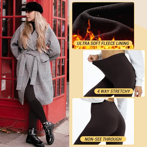 TNNZEET Fleece Lined Leggings Women, Brown Low Waisted Tummy Control No See Through Winter Thermal Soft Warm Yoga Workout Pants