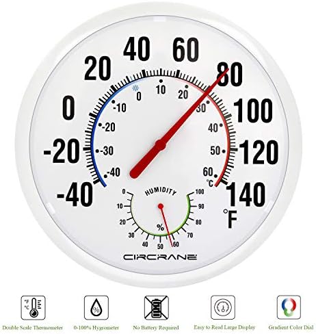Circrane 13.25 Inch Round Thermometer with Hygrometer, Large Indoor Wall Patio Bimetal Weather Thermometer, No Battery Required, White