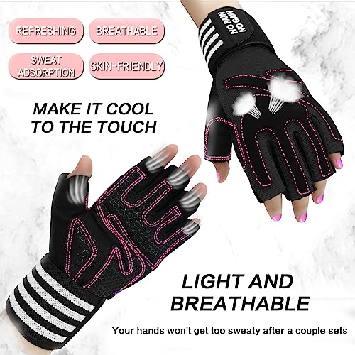 Weight Lifting Gloves for Women Gym Workout with Wrist Support,Padded Half Finger Gloves for Fitness Exercise (Black-Pink, X-Small)