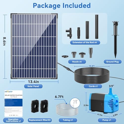 POPOSOAP Solar Water Pump, 12W Solar Fountain Pump 160GPH Flow Adjustable Solar Powered Water Pump with Dry-Run Protection for Fish Pond, Wildlife Garden, Ponds, Waterfall, Hydroponics