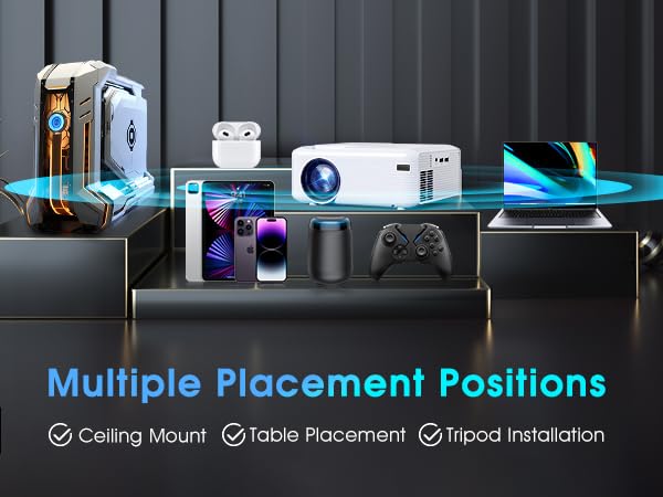 Mini Projector,4K Projector for Bedroom (Phone HDMI Cable And Stand Included),,200-Inch Large Screen, Compatible With Smartphones/TV Sticks/PS5/Laptops/PC/HDMI/USB, Indoor and Outdoor use