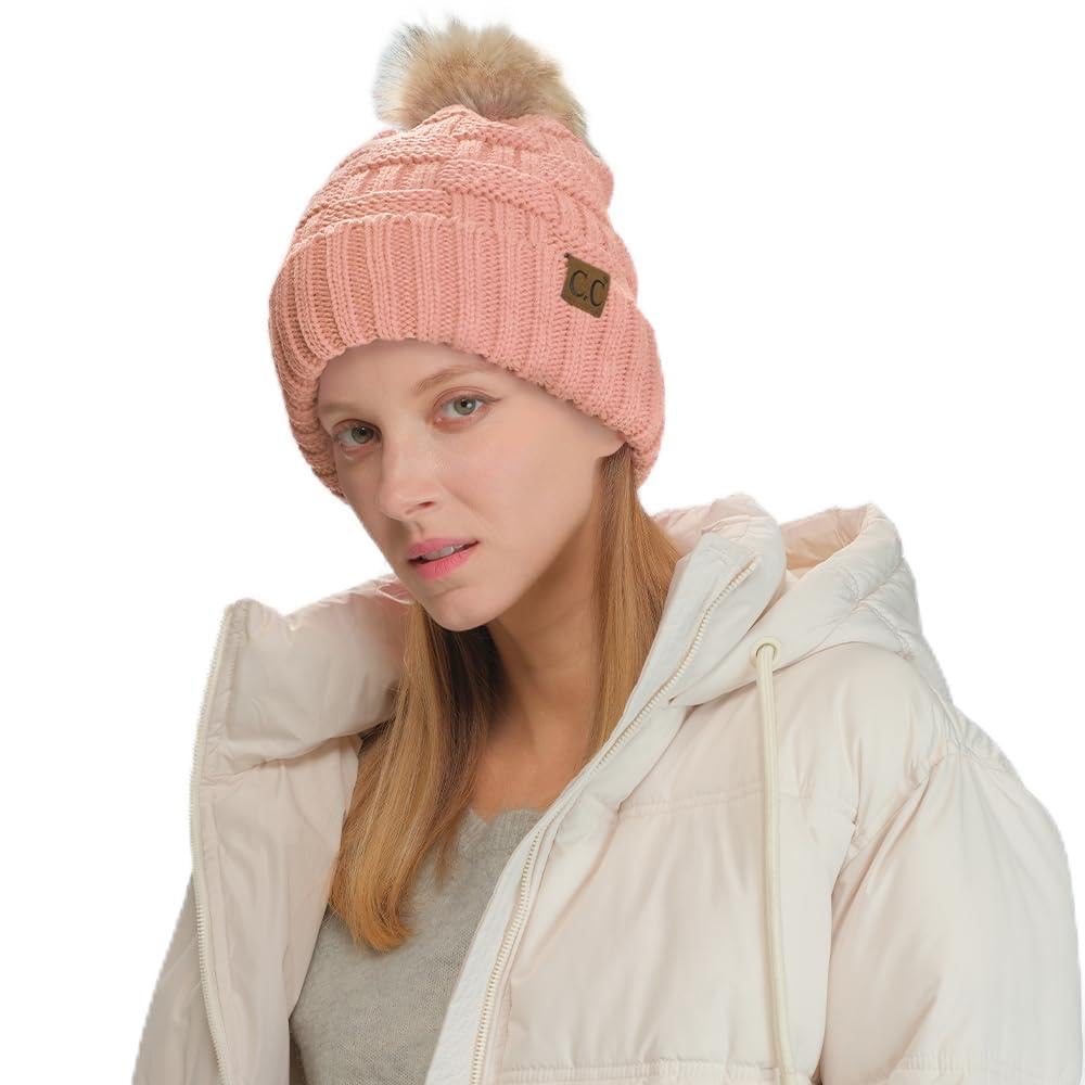 C.C. Beanie Thick Warm Fuzzy Sherpa Fleece Lining Ribbed Knitted Stretch Faux Fur Pom Beanie Hat