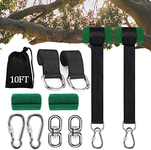 Extra Long Tree Swing Straps, 3FT/10FT/20FT/30FT Tree Swing Hanging Straps Kit Holds 5000 lbs with Tree Protector, Heavy Duty Carabiner and Swivel Perfect for Swings & Hammocks (10 FT) Black
