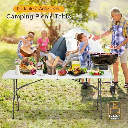 Folding Table 6FT Portable Heavy Duty Plastic Camping Table Foldable Tables Plastic Dining Tables Indoor Outdoor for Camping, Picnic and Party, White