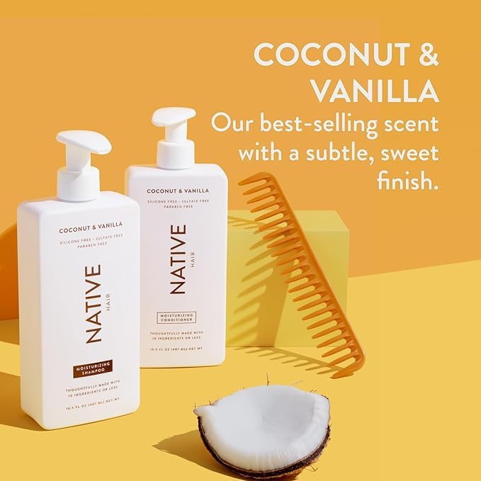 Native Shampoo and Conditioner Set | Sulfate, Paraben, and Dye Free, with Naturally Derived Clean Ingredients| 16.5 oz (Coconut & Vanilla, Moisturizing), 2, 1.3 ounces