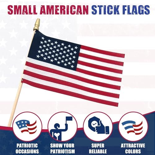 Super Tough Small American Stick Flags 1’x1.5’ | Cotton Outdoor Flag on 2.5’ Wooden Stick | Mini Flags Patriotic Decor for Various Holiday Parties and National Flag Day | 25 Pack