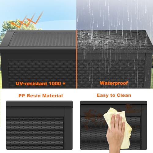 260 Gallon Resin Deck Box, Lockable Patio Outdoor Storage Box for Furniture, Garden Tools and Tools Storage, Waterproof Outside Storage Boxes - Black
