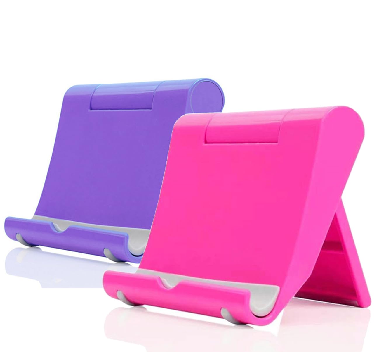 JUSDIQIR Cell Phone Stand for Desk 2 Pack Mobile Phone Holders Desktop Tablet Stand, Foldable Phone Dock Universal Adjustable Tablet Stand for Desk (Pink+Purple)