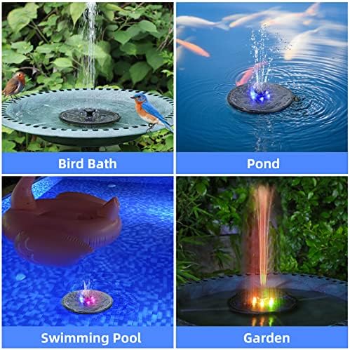 Solar Fountain, Powered Water 4W Pump for Bird Bath with LED Lights, 7 Nozzle and Fixer Hummingbird Garden, Pond, Pool, Fish Tank, , Black
