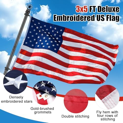 American Flag with Pole Kit - 5ft Heavy Duty Stainless Steel Flagpole for Outside House,3x5 Embroidered US Flags,Tangle-Free Outdoor, Metal Holder Mount Bracket for Residential Porch,Wall -Black