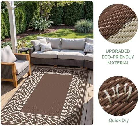 GENIMO Outdoor Rug Waterproof for Patio Decor, 6'x9' Foldable Reversible Plastic Straw Carpet for Travel Trailers, Outside Area Mat for Rv, Deck, Picnic, Porch, Camper, Balcony, Beach, Coffee & Beige