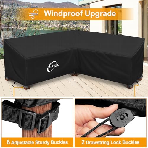 Kipiea Patio V-Shaped Sectional Sofa Cover, 420D Heavy-Duty Oxford Fabric Outdoor Sectional Cover with 6 Windproof Buckles, Anti UV and No Tears, No Fading (85"/85" L x 33.5" D x 31" H) Black