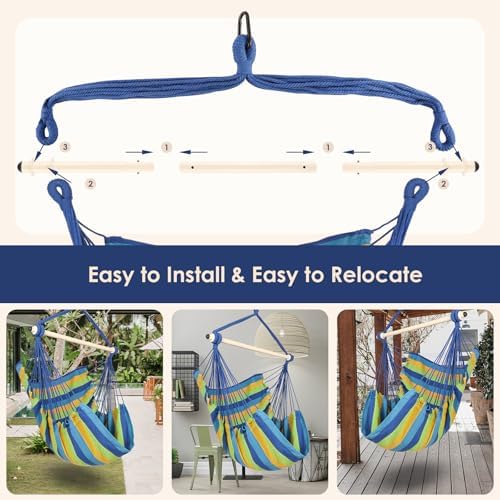 Highwild Hanging Rope Hammock Chair Swing Seat for Any Indoor or Outdoor Spaces - 500 lbs Weight Capacity (Blue Striped.)