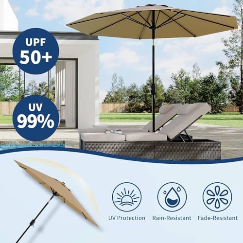 10Ft Patio Umbrella - 8 Sturdy Ribs Outdoor Table Umbrella with Crank Lift & Push Button Tilt - Market Umbrella for Pool, Deck, Yard, Garden - Tan