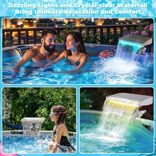 LED Pool Fountain Waterfall for Above Ground Pools, 7 Different Lighting Colors, Smooth Flowing Pool Waterfall Relaxing Cascade for Outdoor Decor, Adjustable Width Fits Various Frames